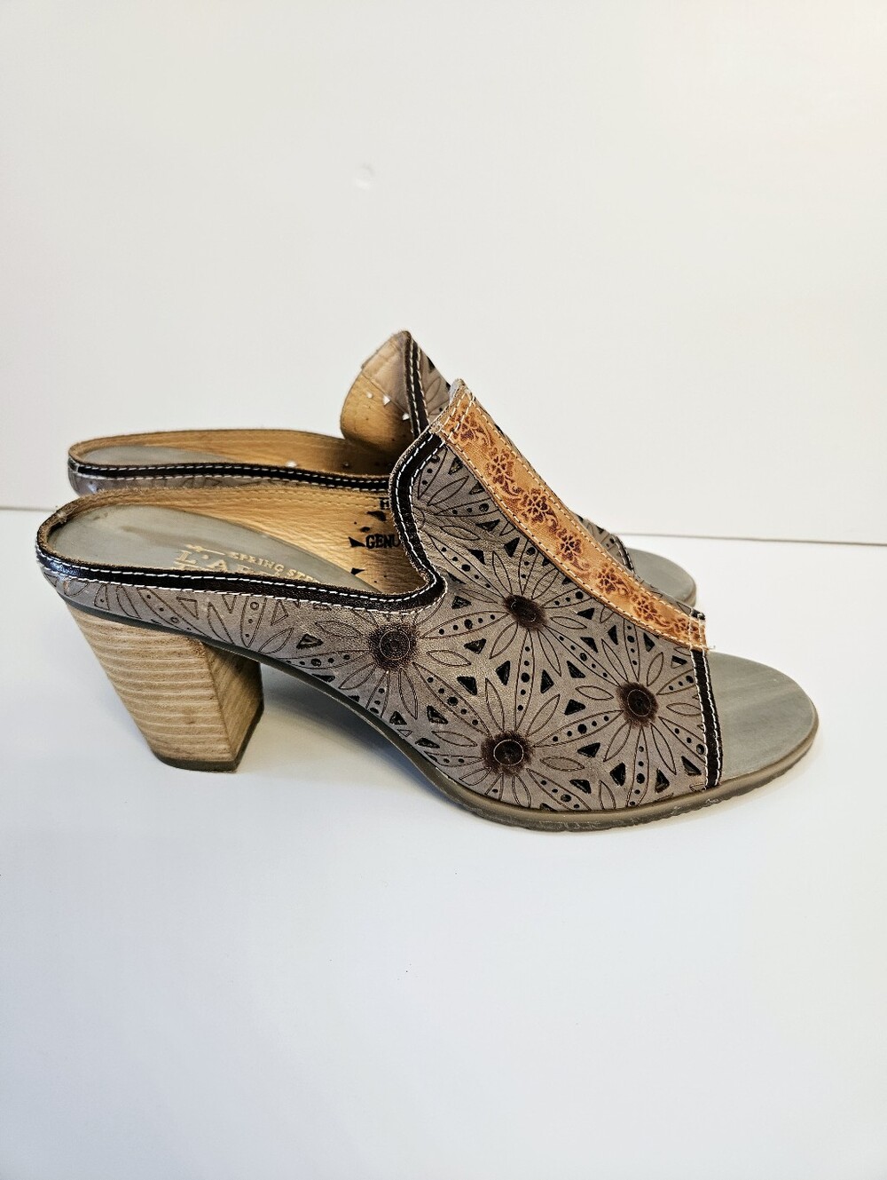 L'Artiste Habune Daisy Leather Mules Size 41 US 9.5/10 Floral Slip On Heels EUC